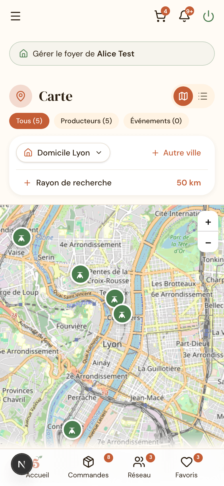 Carte des producteurs sur mobile