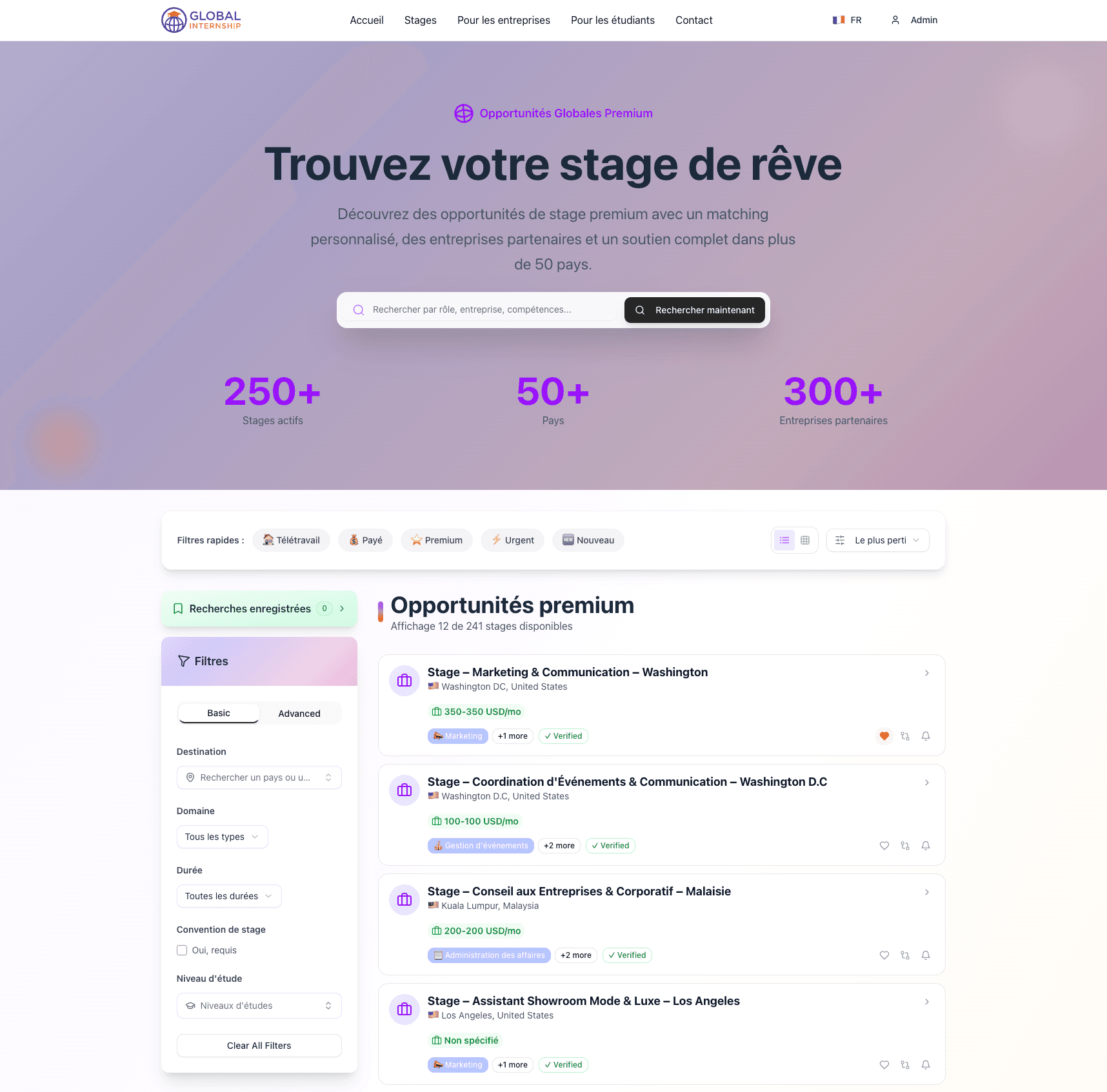 Liste des offres de stages